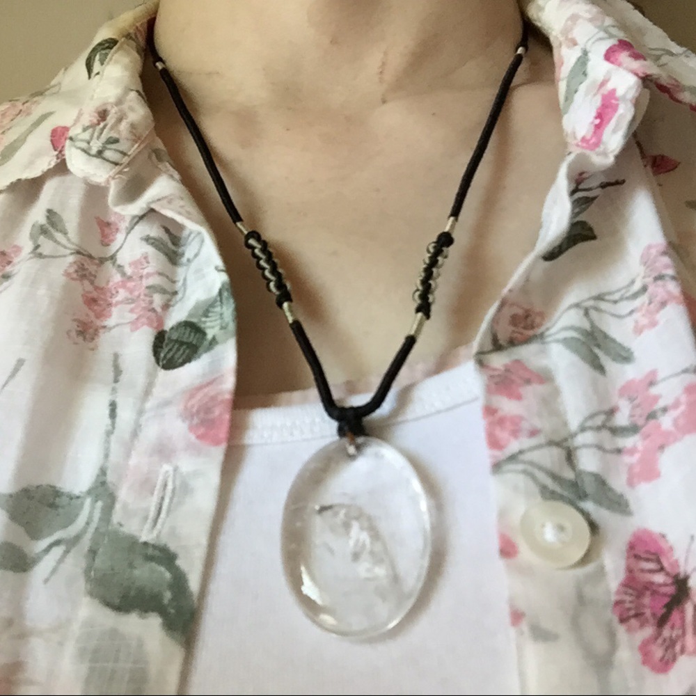 Clear Oval Polished Quartz Pendant Necklace